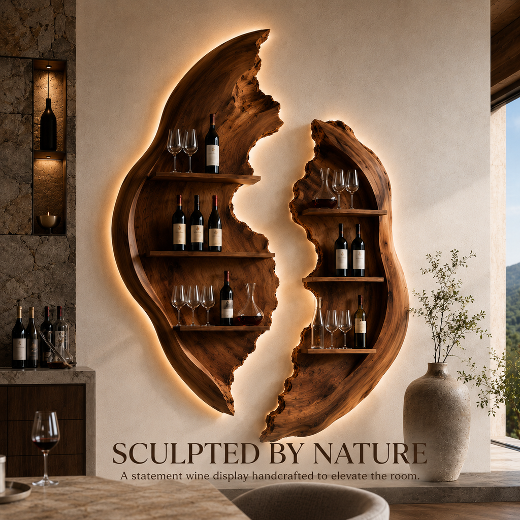 Solid Wood Wall Wine Rack with Glass Holder - Driftwood Curve - product image 02