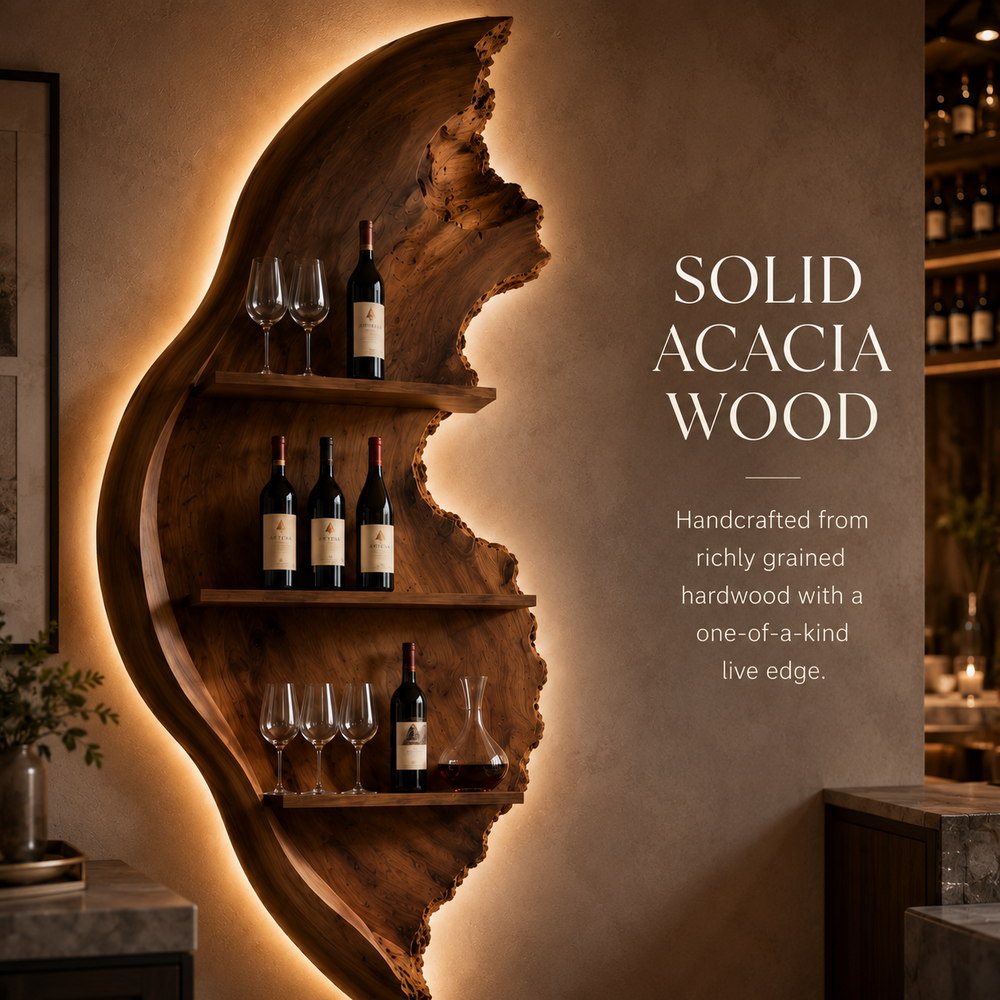 Solid Wood Wall Wine Rack with Glass Holder - Driftwood Curve - product image 03