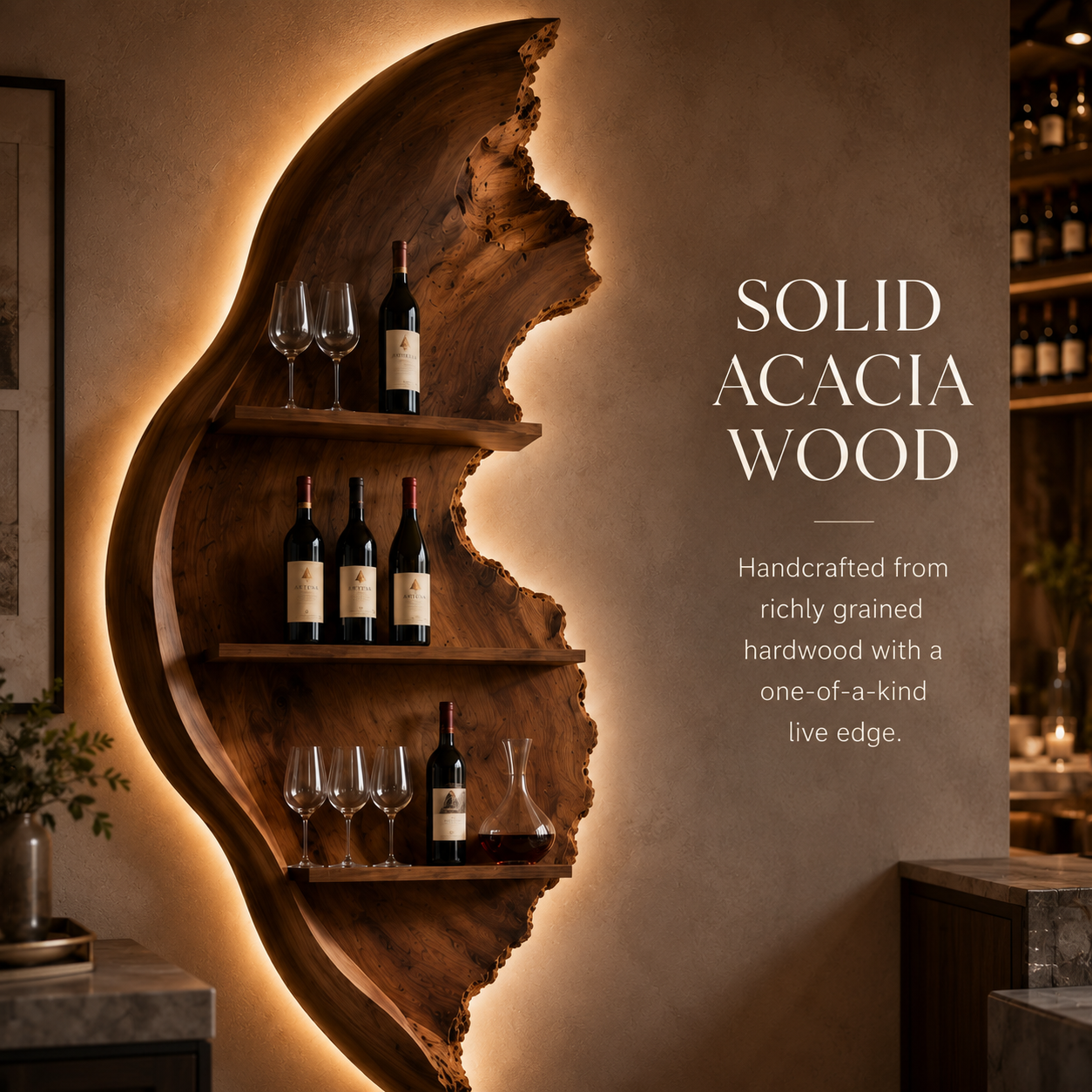 Solid Wood Wall Wine Rack with Glass Holder - Driftwood Curve - product image 03