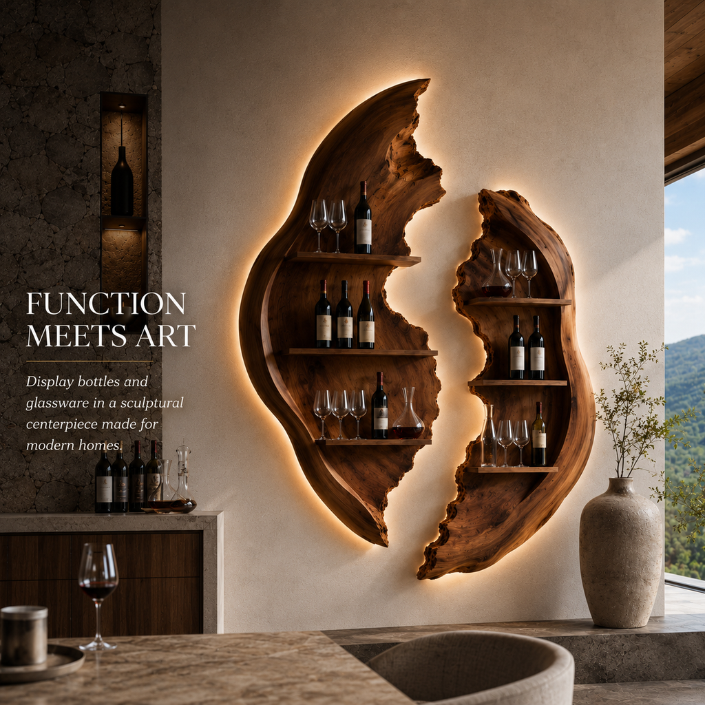 Solid Wood Wall Wine Rack with Glass Holder - Driftwood Curve - product image 04