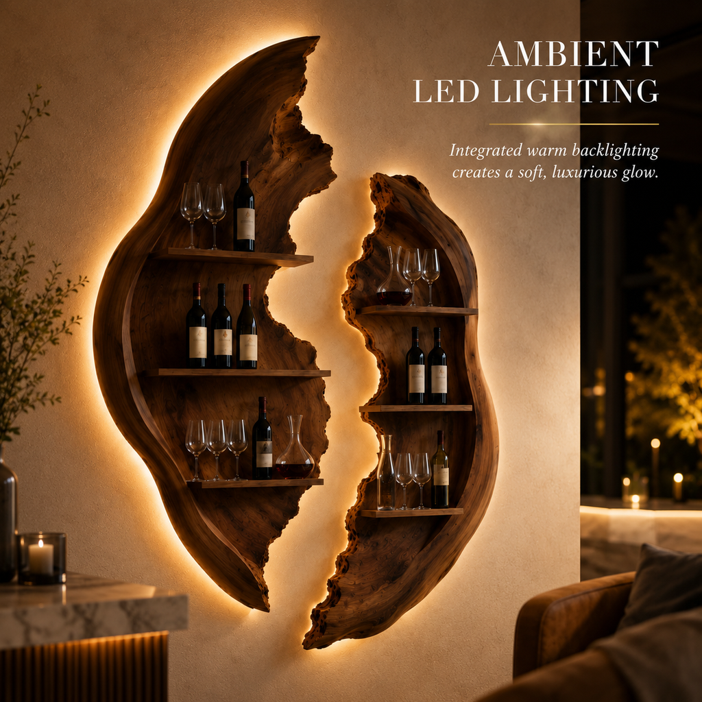 Solid Wood Wall Wine Rack with Glass Holder - Driftwood Curve - product image 05