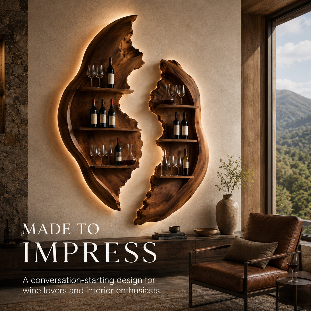 Solid Wood Wall Wine Rack with Glass Holder - Driftwood Curve - product image 07
