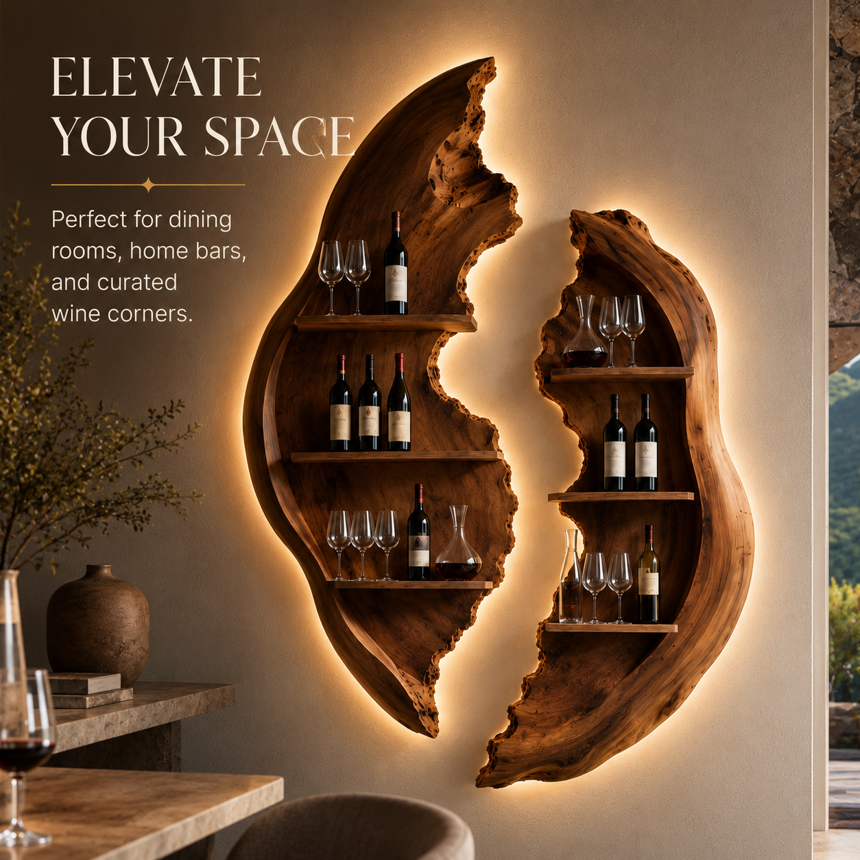 Solid Wood Wall Wine Rack with Glass Holder - Driftwood Curve - product image 08