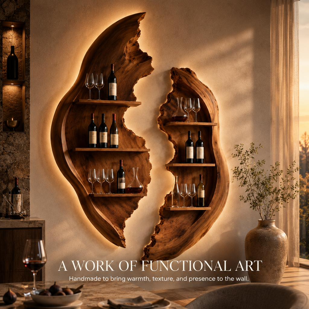 Solid Wood Wall Wine Rack with Glass Holder - Driftwood Curve - product image 10