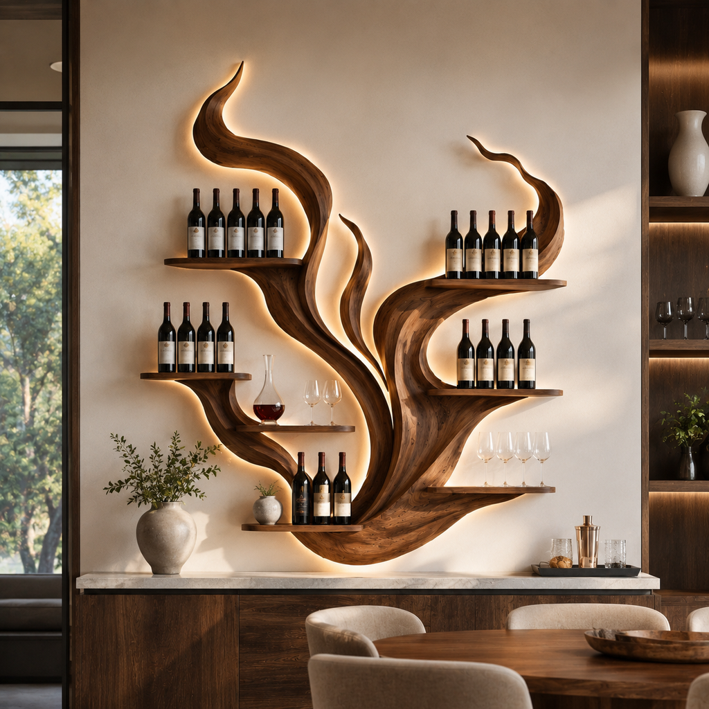 Solid Wood Wall Wine Rack with Glass Holder - Sculptural Flame - main view