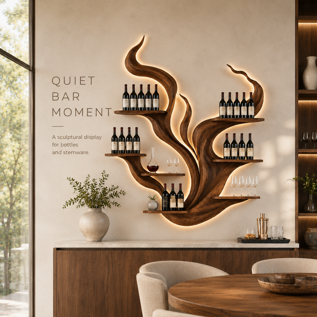 Solid Wood Wall Wine Rack with Glass Holder - Sculptural Flame - product image 02