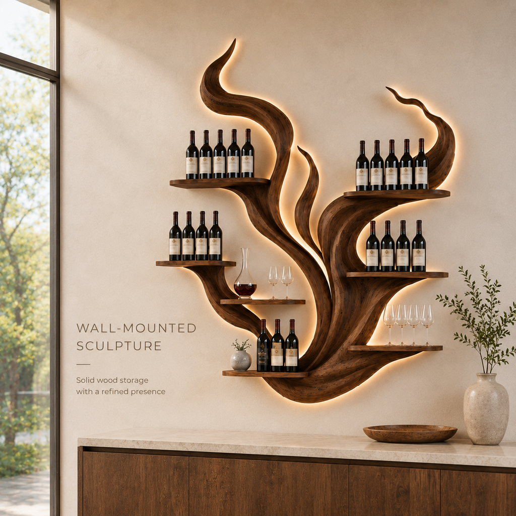 Solid Wood Wall Wine Rack with Glass Holder - Sculptural Flame - product image 03