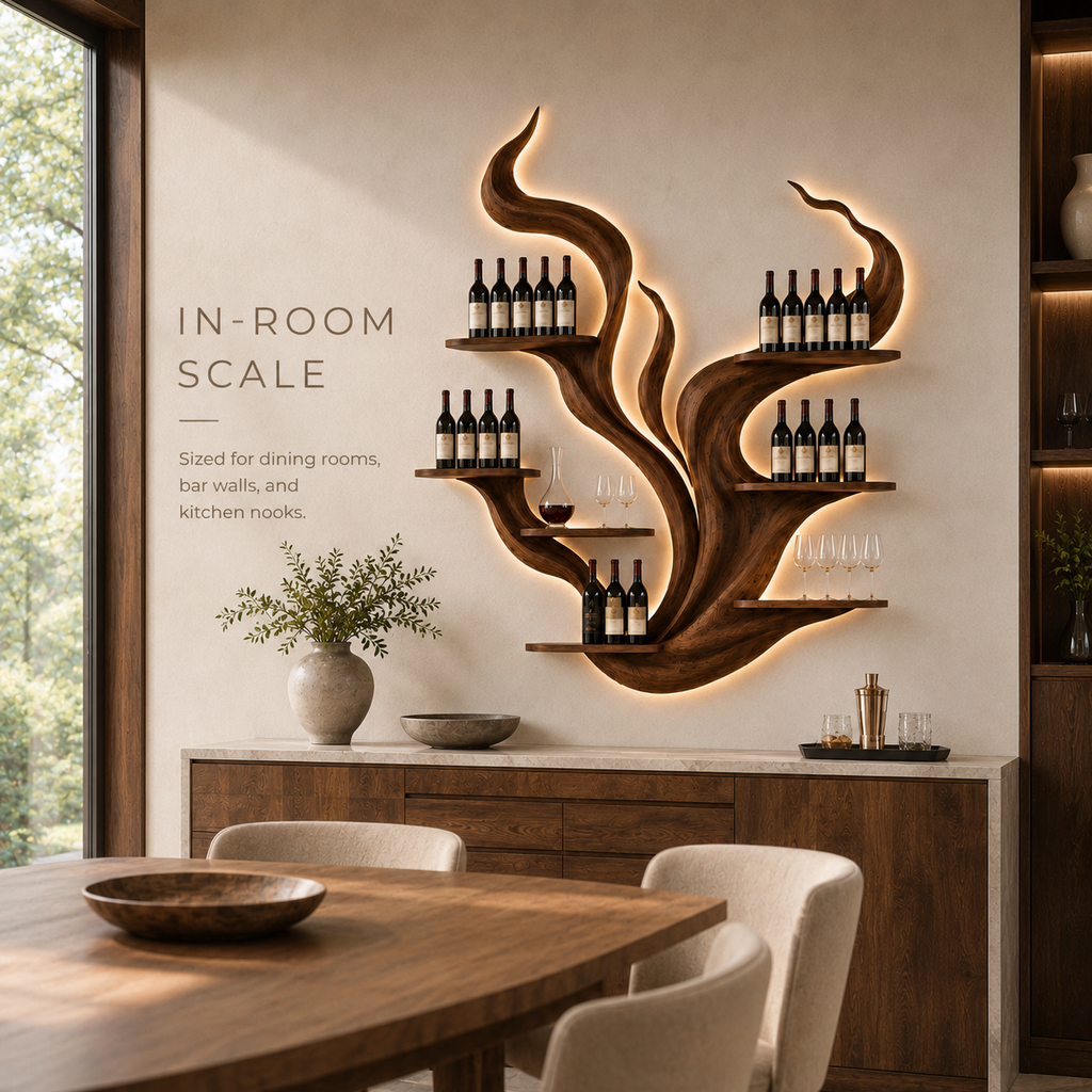 Solid Wood Wall Wine Rack with Glass Holder - Sculptural Flame - product image 04