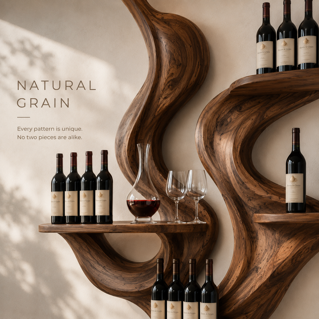 Solid Wood Wall Wine Rack with Glass Holder - Sculptural Flame - product image 05