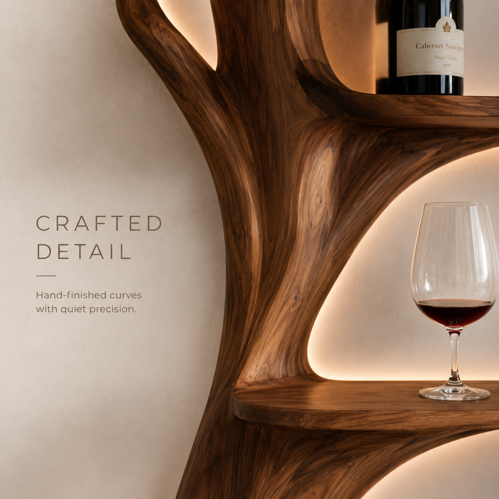 Solid Wood Wall Wine Rack with Glass Holder - Sculptural Flame - product image 06