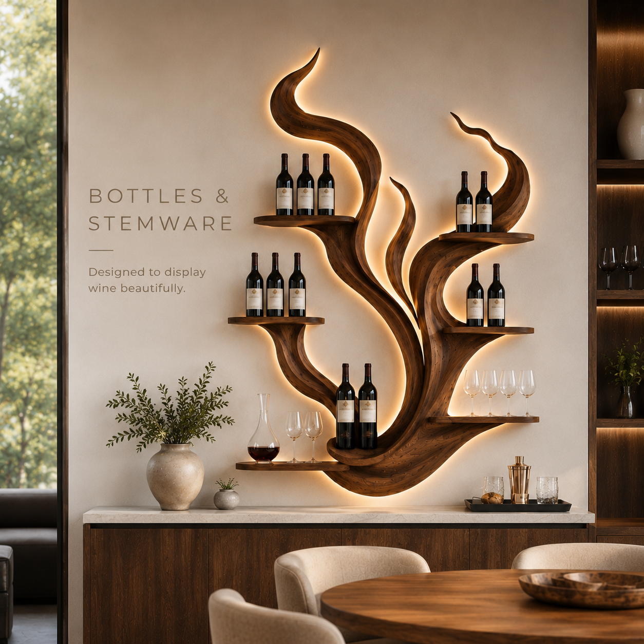 Solid Wood Wall Wine Rack with Glass Holder - Sculptural Flame - product image 07