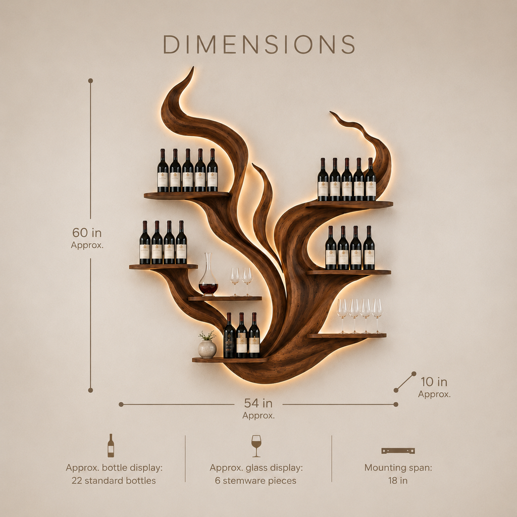 Solid Wood Wall Wine Rack with Glass Holder - Sculptural Flame - product image 08
