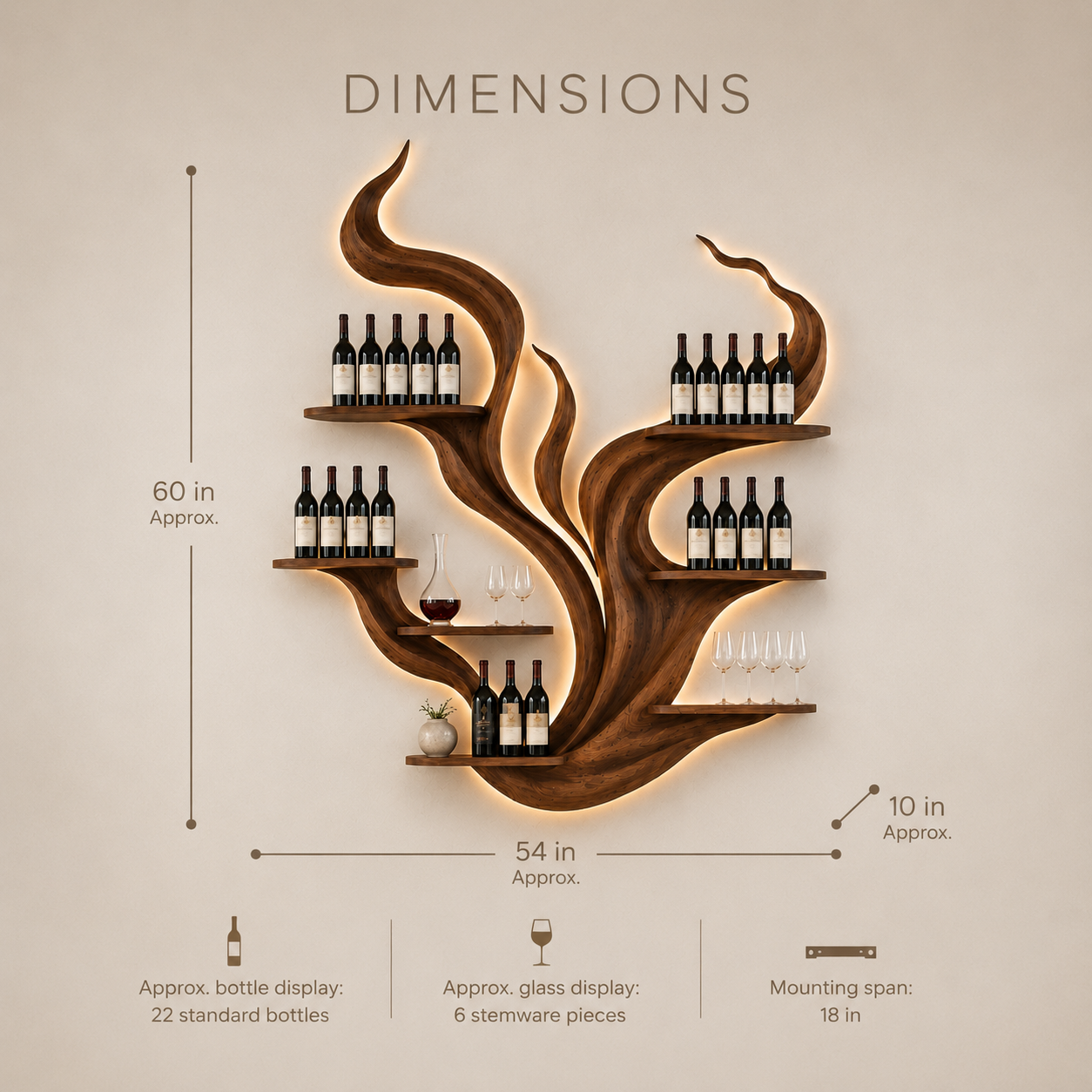 Solid Wood Wall Wine Rack with Glass Holder - Sculptural Flame - product image 08