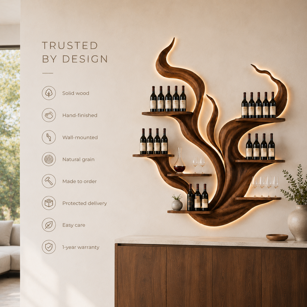 Solid Wood Wall Wine Rack with Glass Holder - Sculptural Flame - product image 09