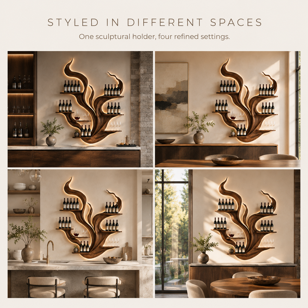 Solid Wood Wall Wine Rack with Glass Holder - Sculptural Flame - product image 10