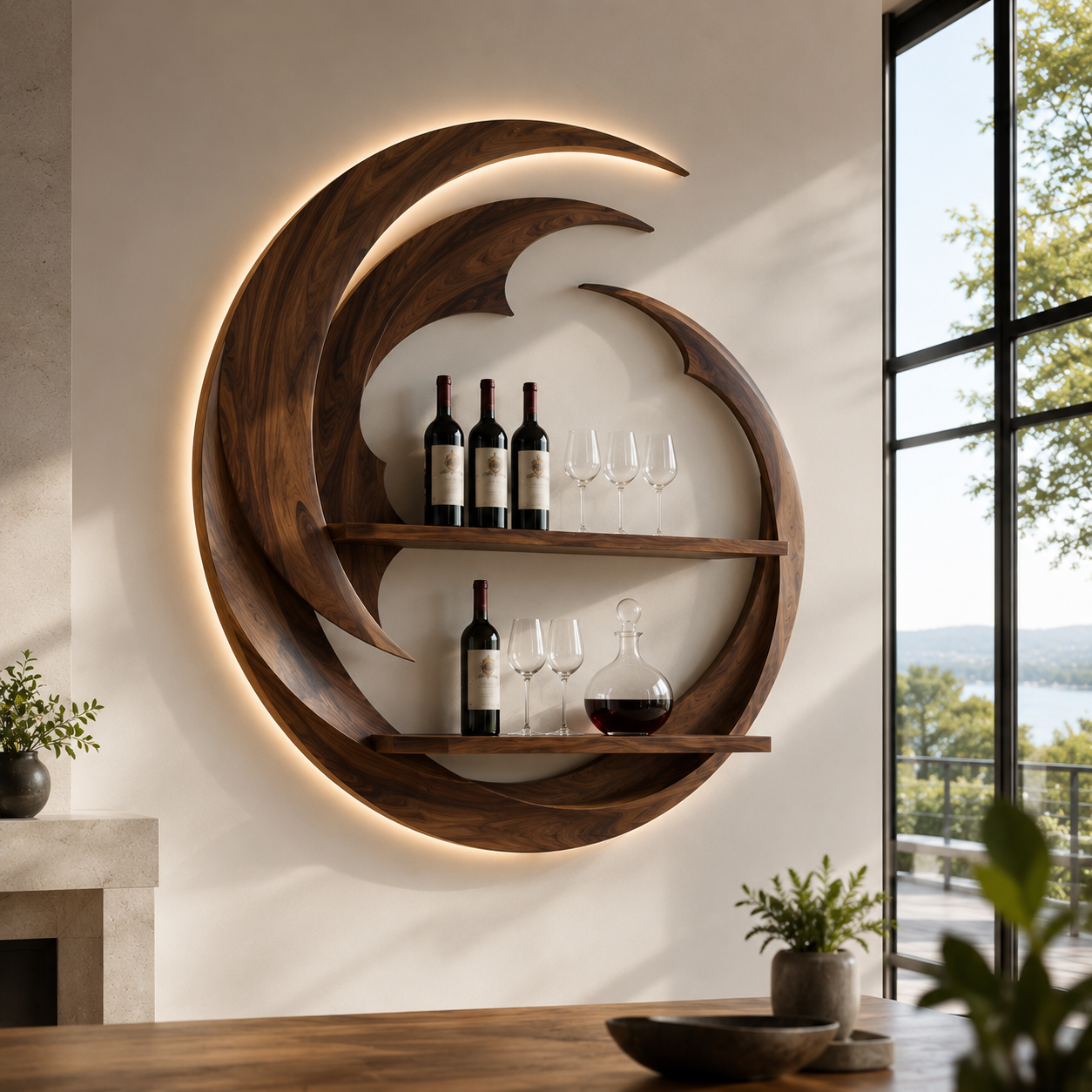 Solid Wood Wall Wine Rack with Glass Holder - Live Edge Gallery - main view