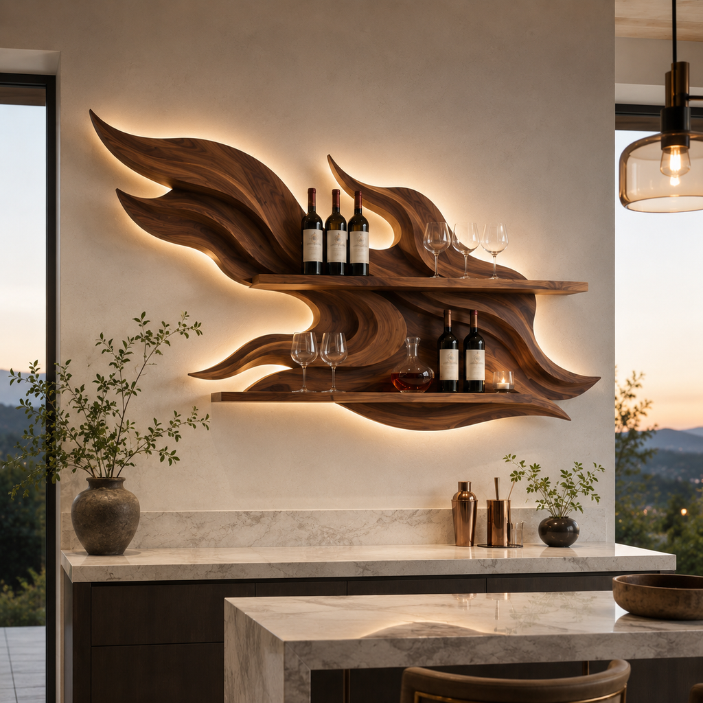Solid Wood Wall Wine Rack with Glass Holder - Organic Branch - main view