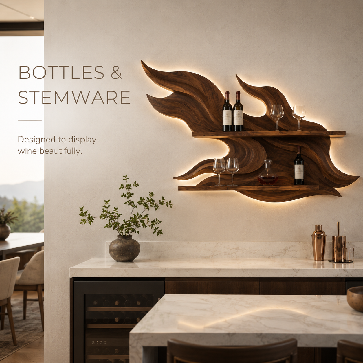 Solid Wood Wall Wine Rack with Glass Holder - Organic Branch - product image 07
