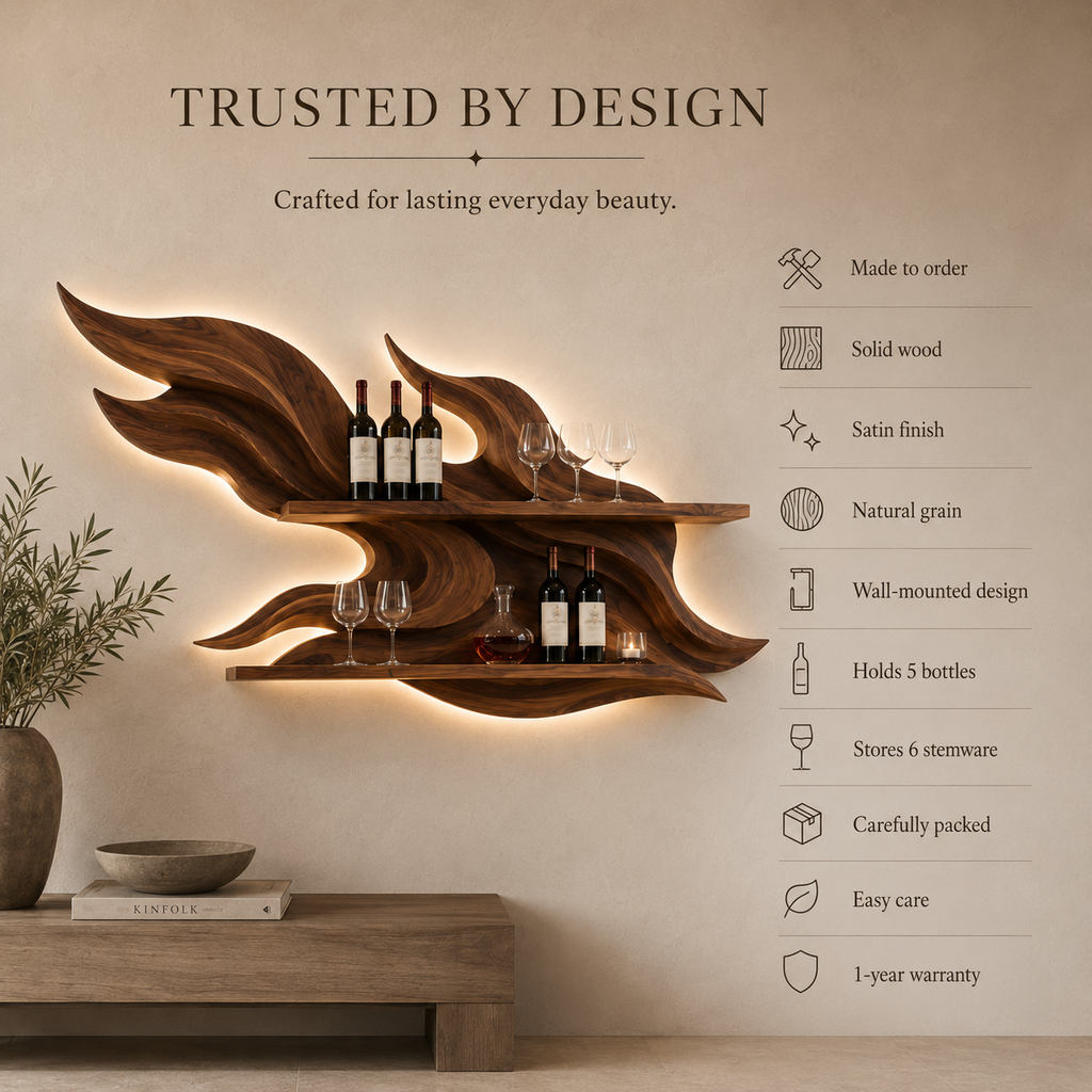 Solid Wood Wall Wine Rack with Glass Holder - Organic Branch - product image 09