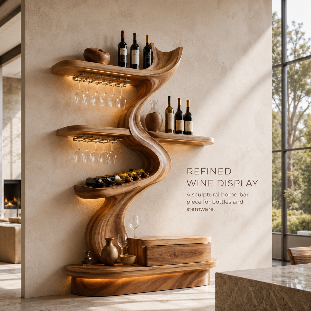 Solid Wood Wall Wine Rack with Glass Holder - Crescent Wall - product image 02