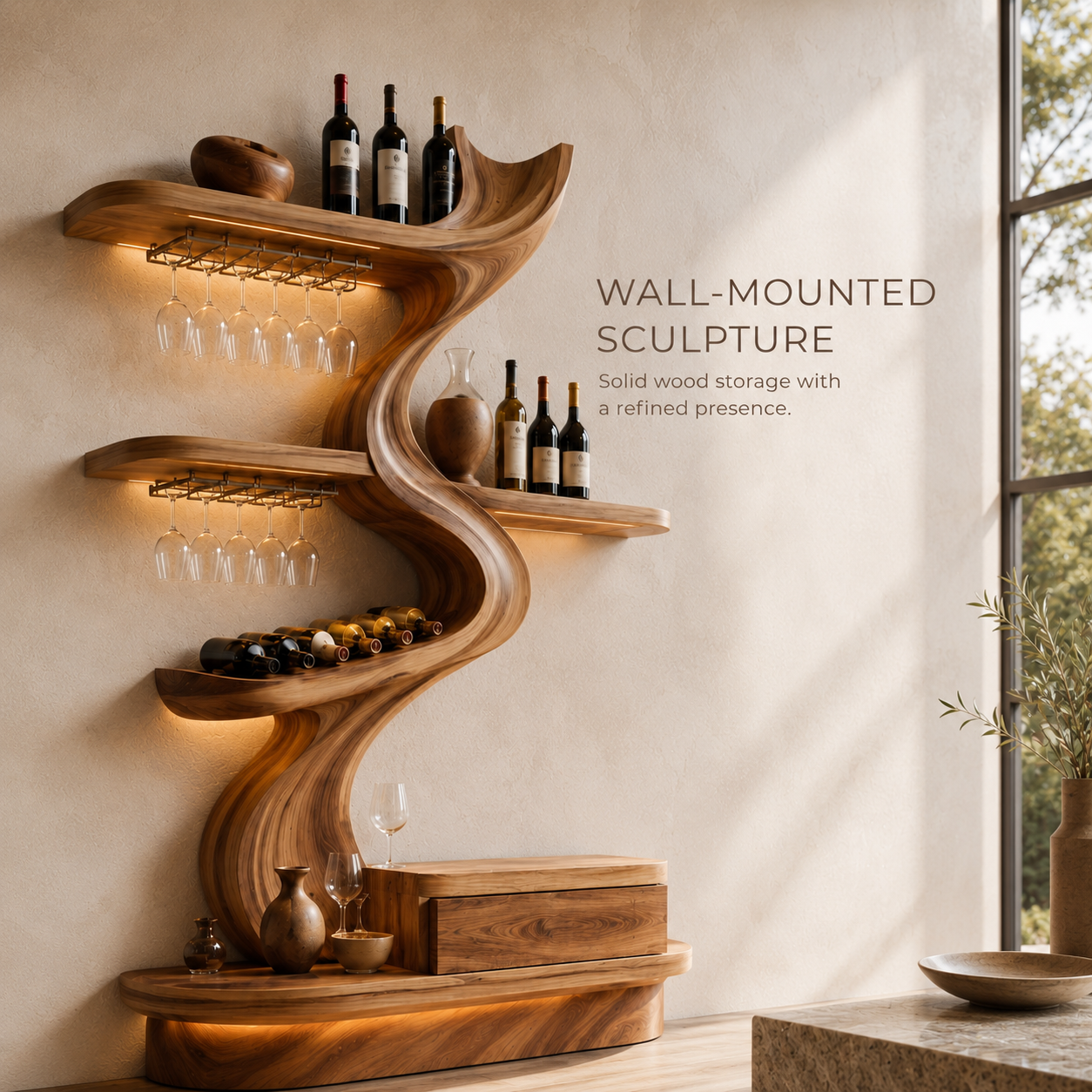 Solid Wood Wall Wine Rack with Glass Holder - Crescent Wall - product image 03