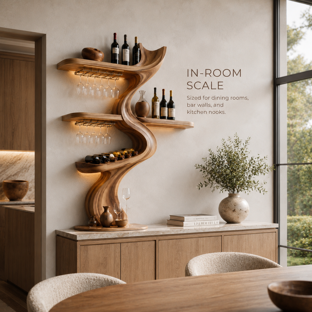 Solid Wood Wall Wine Rack with Glass Holder - Crescent Wall - product image 04