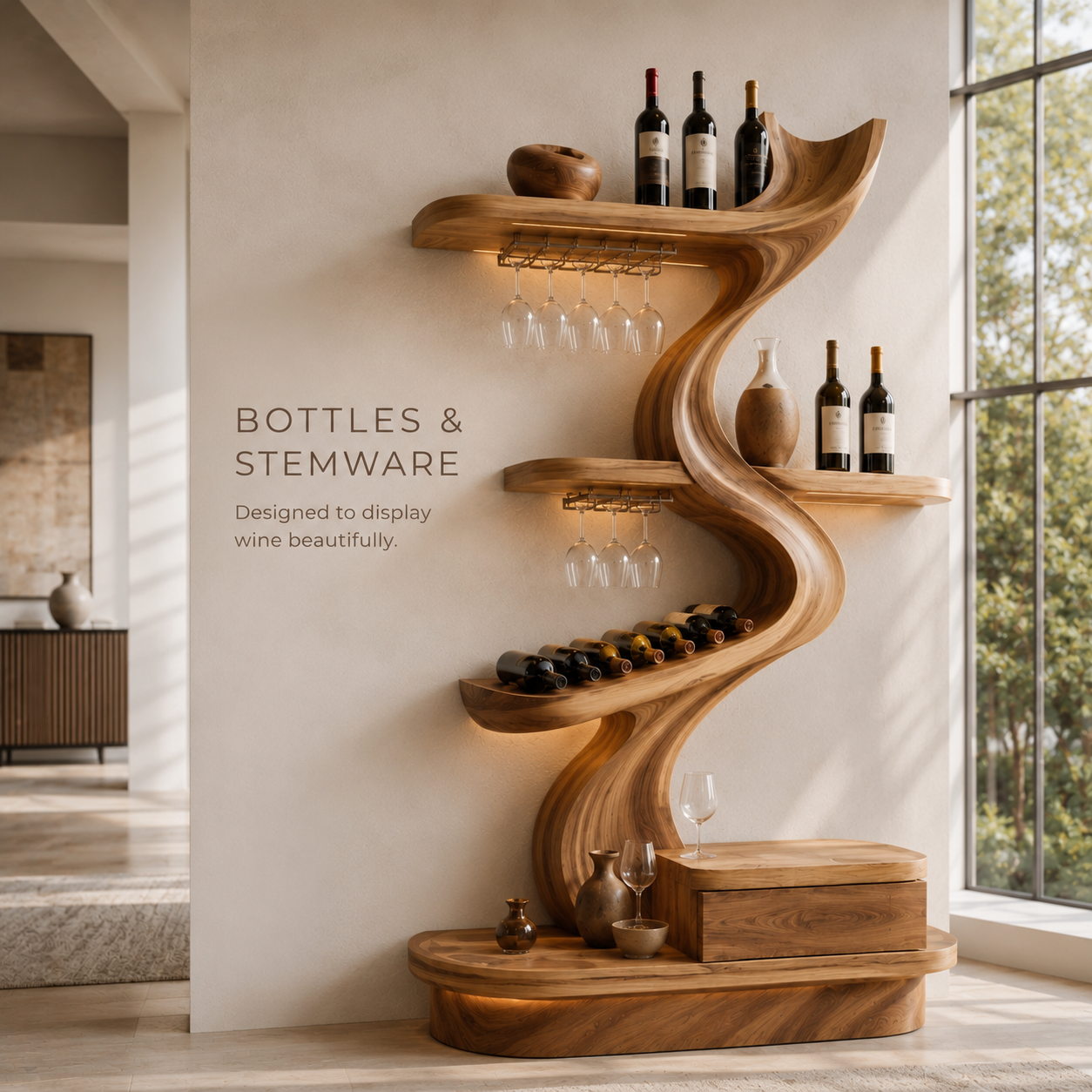 Solid Wood Wall Wine Rack with Glass Holder - Crescent Wall - product image 07