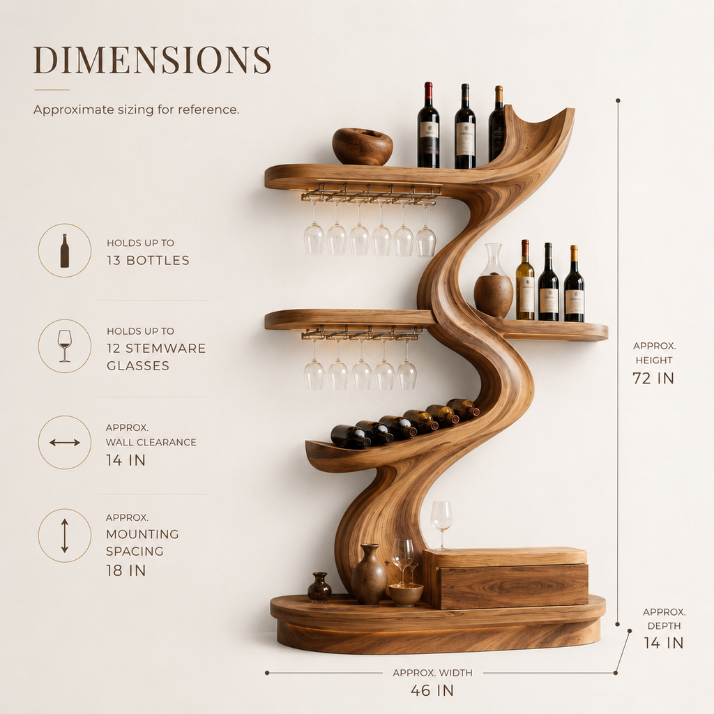 Solid Wood Wall Wine Rack with Glass Holder - Crescent Wall - product image 08
