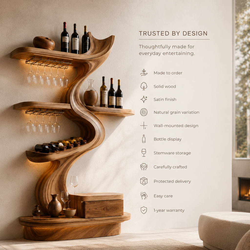 Solid Wood Wall Wine Rack with Glass Holder - Crescent Wall - product image 09
