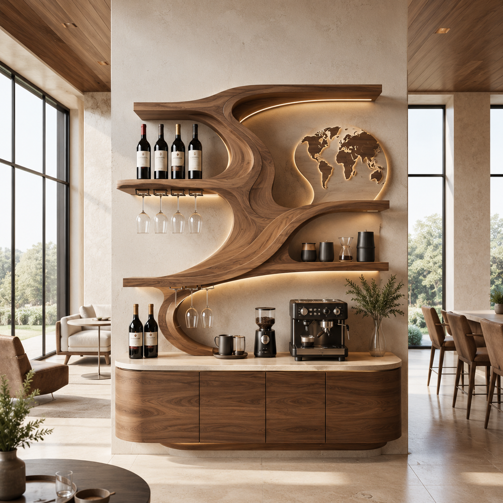 Solid Wood Wall Wine Rack with Glass Holder - Floating Rail - main view