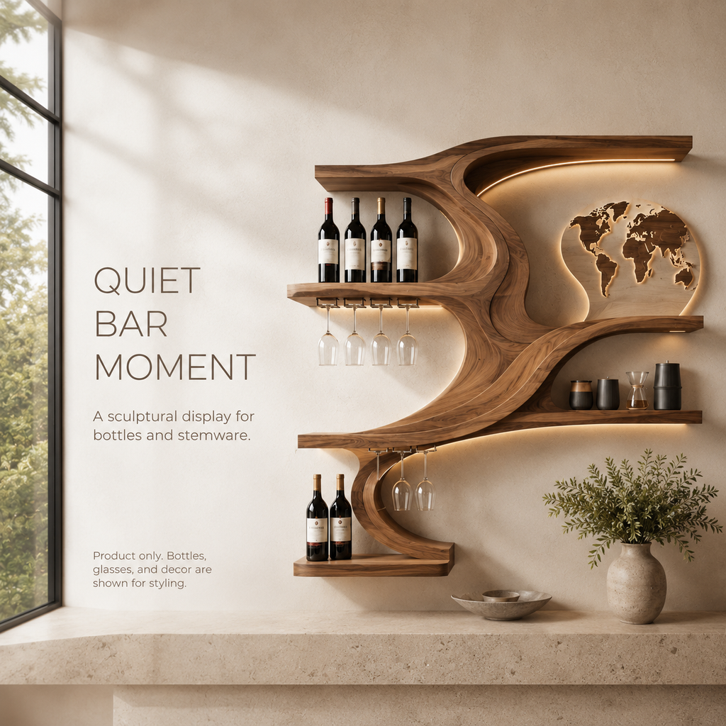 Solid Wood Wall Wine Rack with Glass Holder - Floating Rail - product image 02