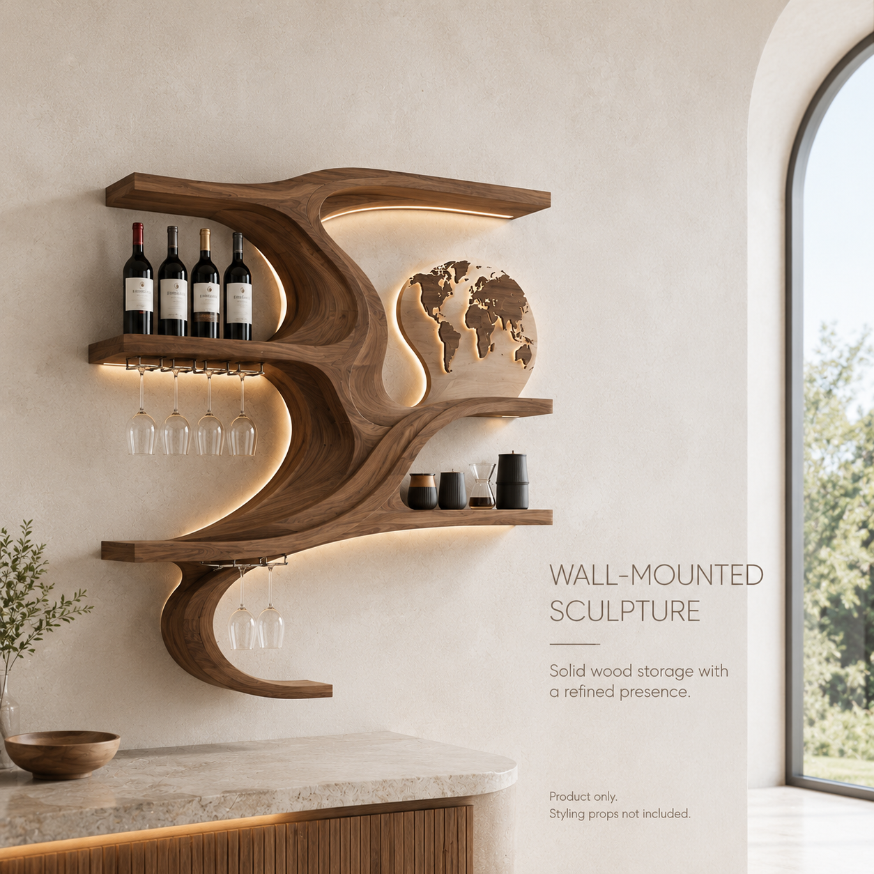 Solid Wood Wall Wine Rack with Glass Holder - Floating Rail - product image 03