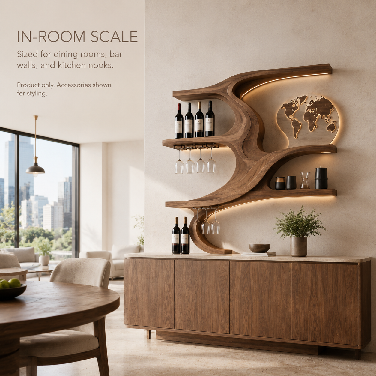 Solid Wood Wall Wine Rack with Glass Holder - Floating Rail - product image 04