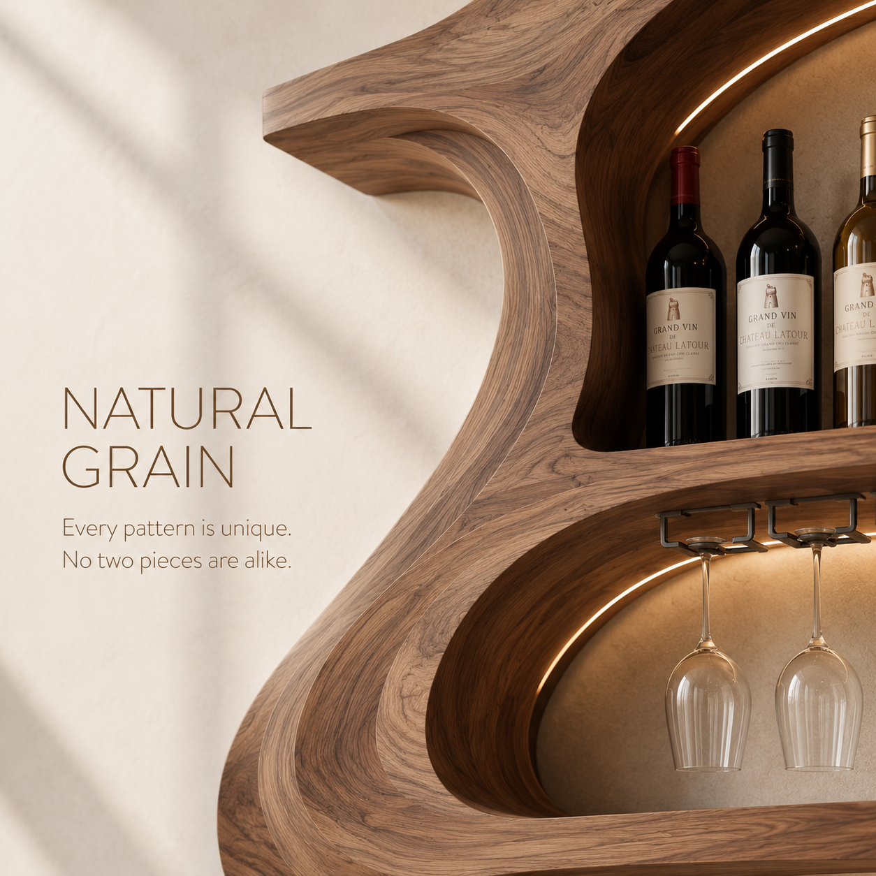 Solid Wood Wall Wine Rack with Glass Holder - Floating Rail - product image 05