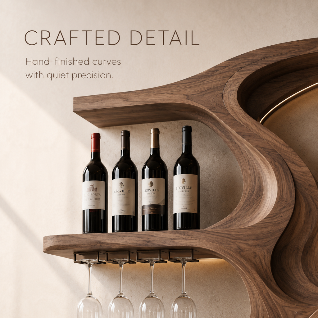 Solid Wood Wall Wine Rack with Glass Holder - Floating Rail - product image 06