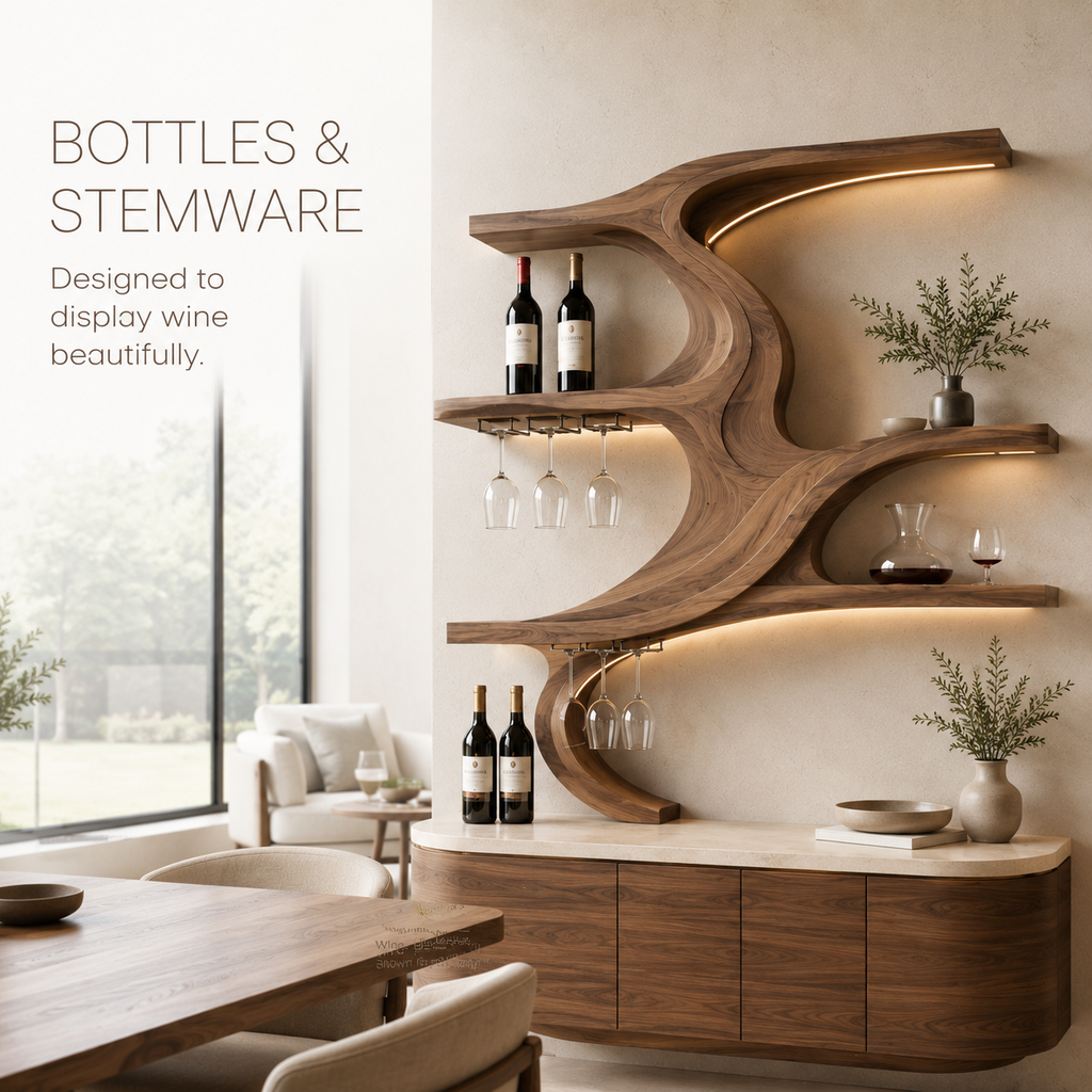 Solid Wood Wall Wine Rack with Glass Holder - Floating Rail - product image 07