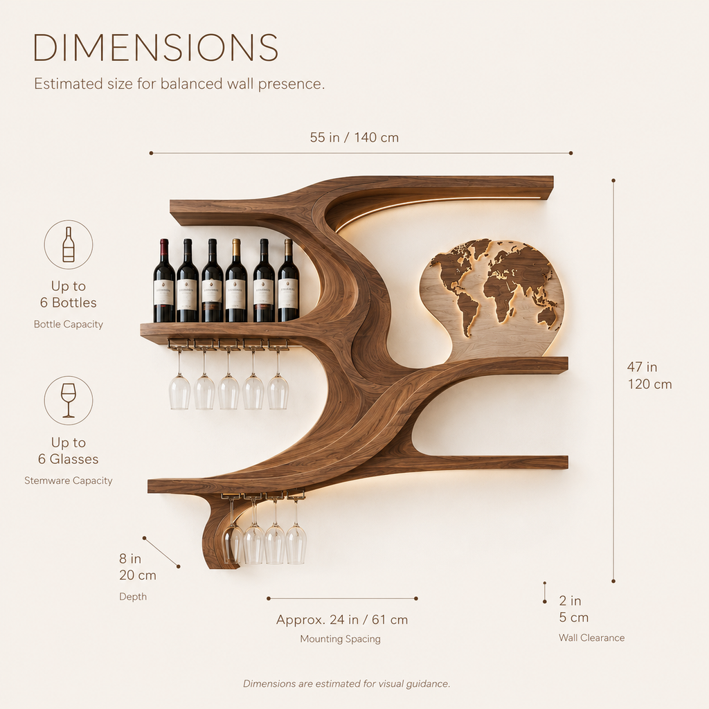 Solid Wood Wall Wine Rack with Glass Holder - Floating Rail - product image 08