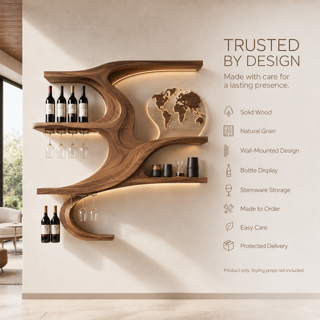 Solid Wood Wall Wine Rack with Glass Holder - Floating Rail - product image 09
