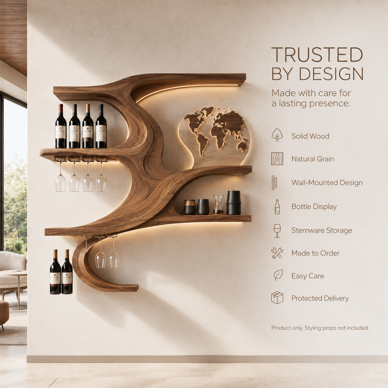 Solid Wood Wall Wine Rack with Glass Holder - Floating Rail - product image 09