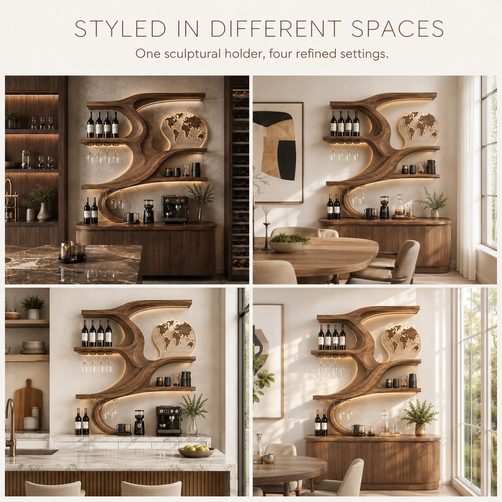 Solid Wood Wall Wine Rack with Glass Holder - Floating Rail - product image 10