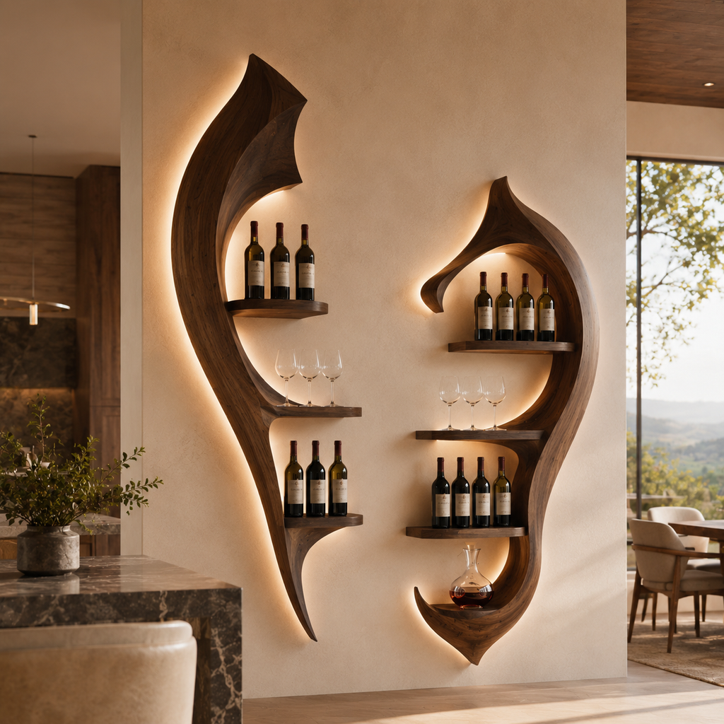 Solid Wood Wall Wine Rack with Glass Holder - River Form - main view