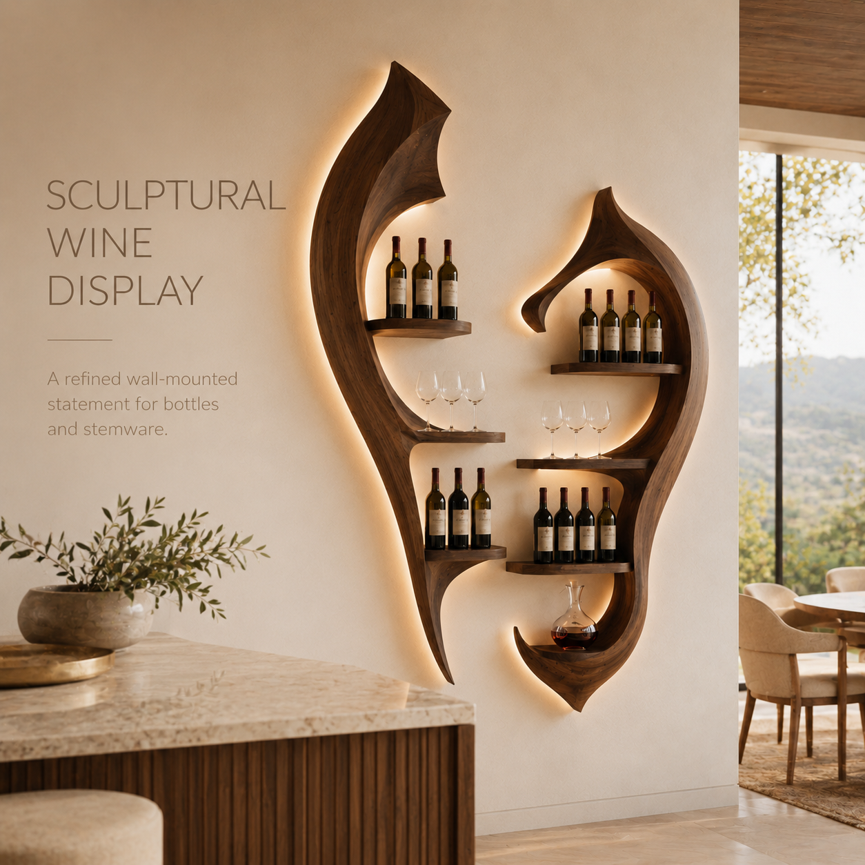 Solid Wood Wall Wine Rack with Glass Holder - River Form - product image 02