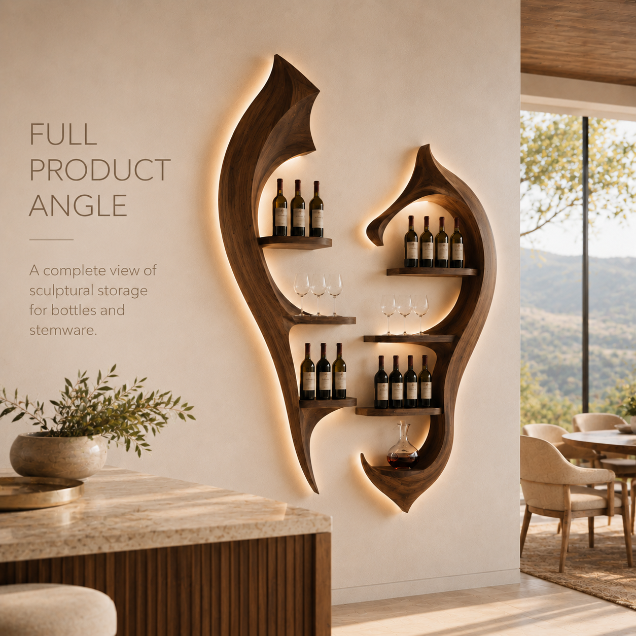 Solid Wood Wall Wine Rack with Glass Holder - River Form - product image 04