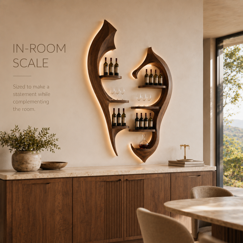 Solid Wood Wall Wine Rack with Glass Holder - River Form - product image 05