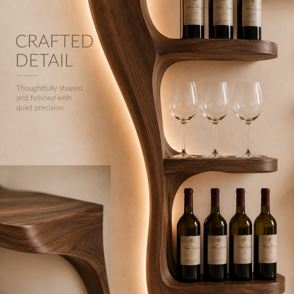 Solid Wood Wall Wine Rack with Glass Holder - River Form - product image 07