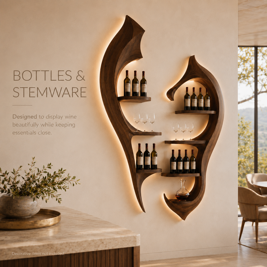 Solid Wood Wall Wine Rack with Glass Holder - River Form - product image 08