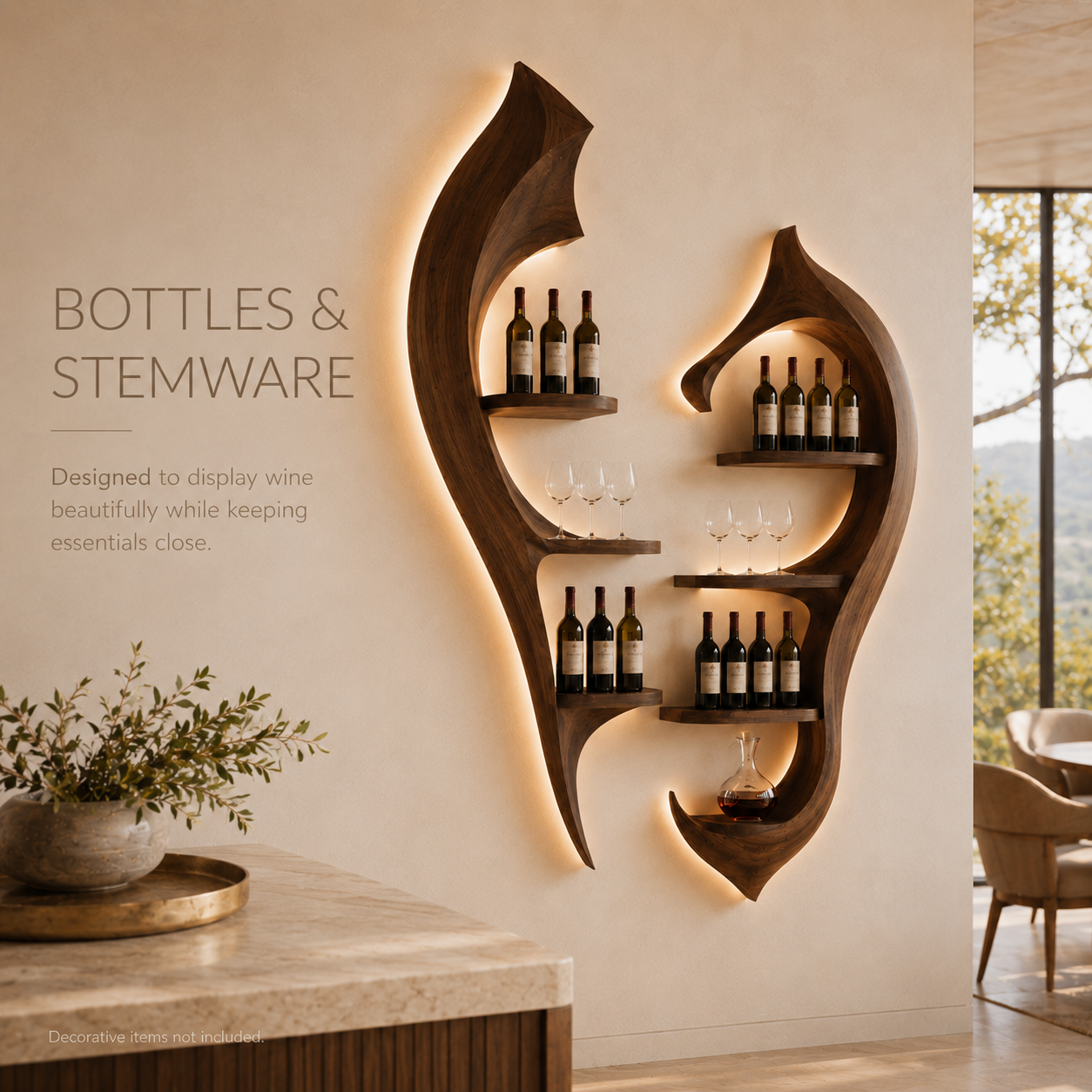 Solid Wood Wall Wine Rack with Glass Holder - River Form - product image 08