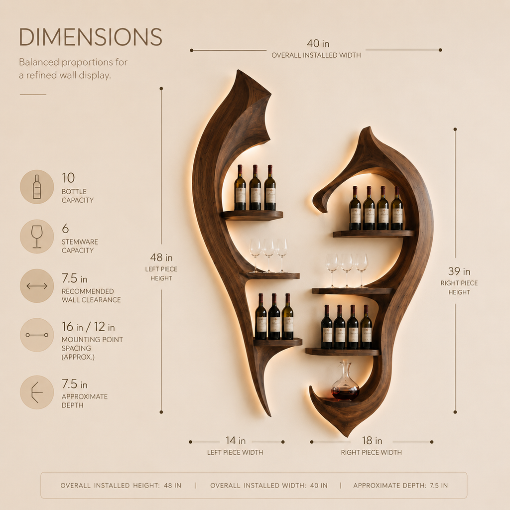 Solid Wood Wall Wine Rack with Glass Holder - River Form - product image 09