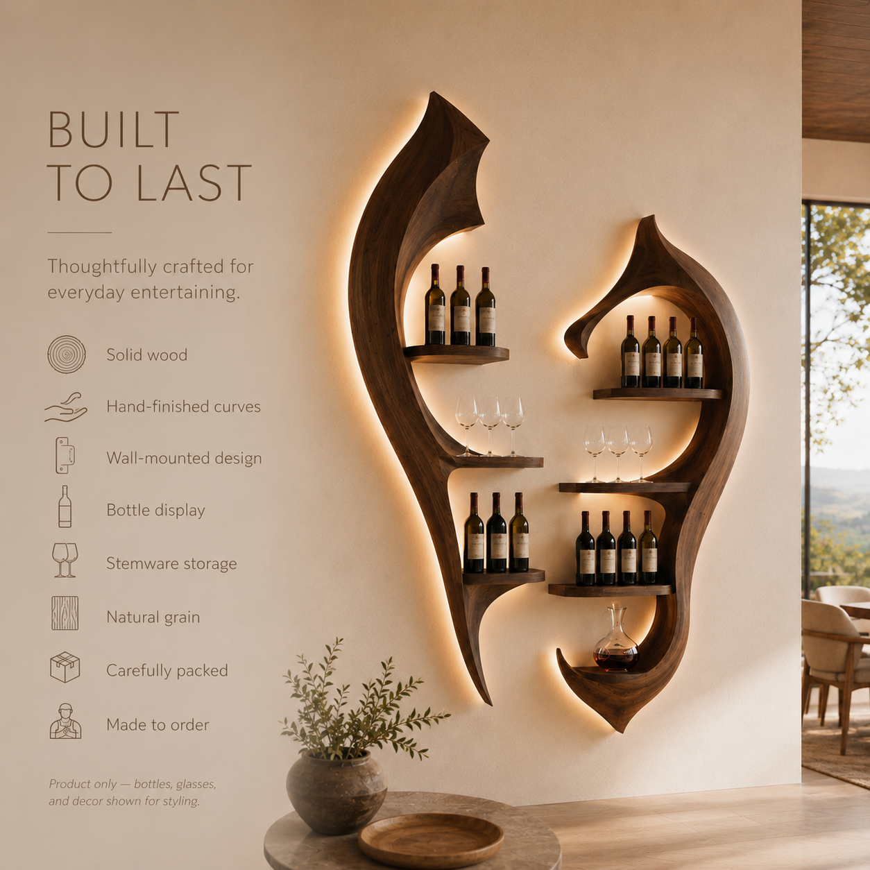 Solid Wood Wall Wine Rack with Glass Holder - River Form - product image 10