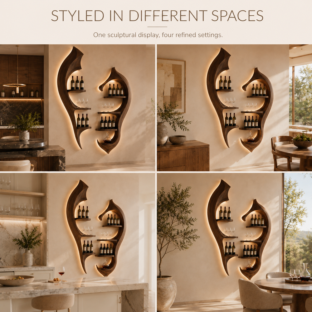 Solid Wood Wall Wine Rack with Glass Holder - River Form - product image 11